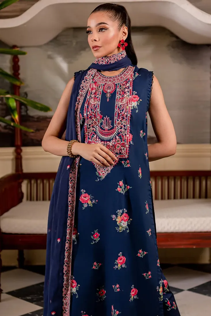 Navy Blue Embroidered Printed Cambric 3-Piece Winter Collection - image 1