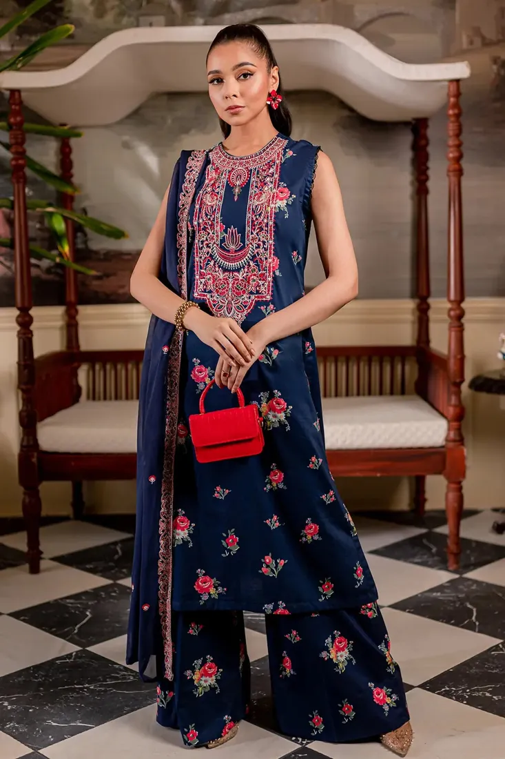 Navy Blue Embroidered Printed Cambric 3-Piece Winter Collection - image 2