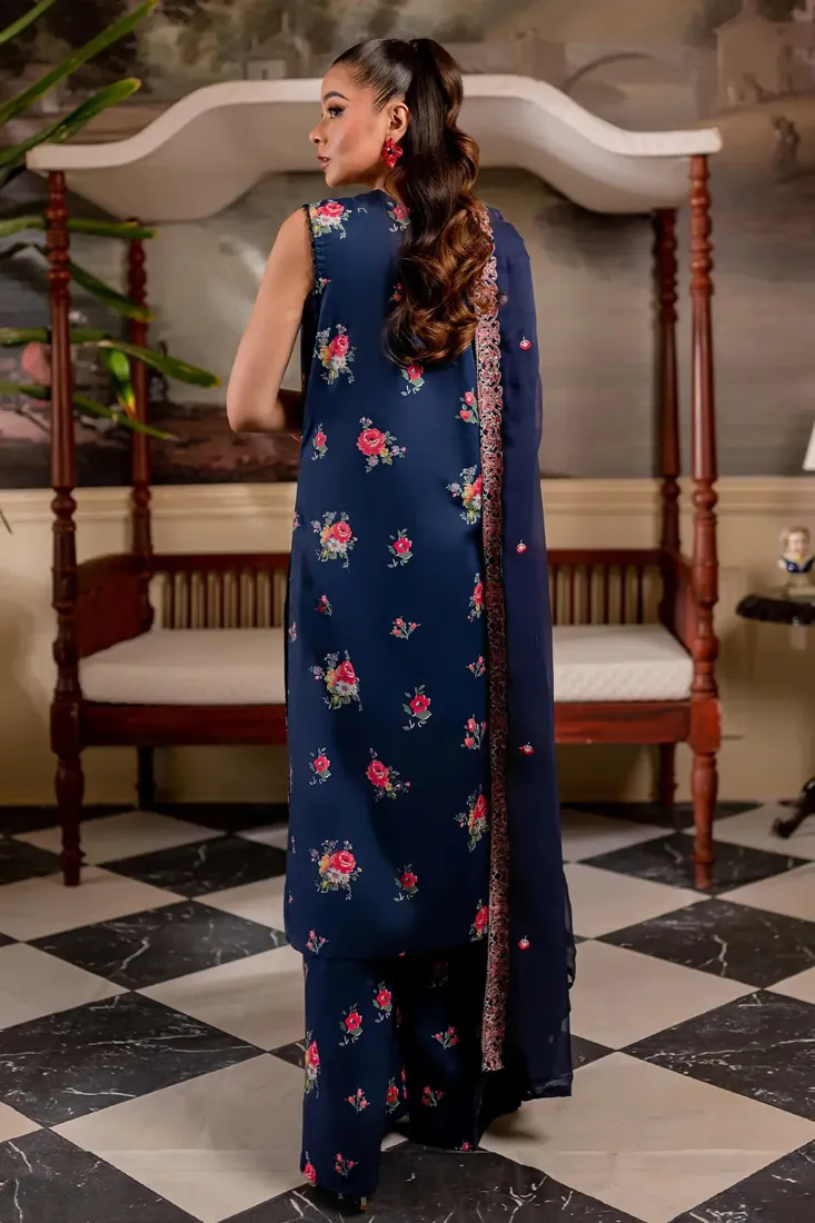 Navy Blue Embroidered Printed Cambric 3-Piece Winter Collection - image 3