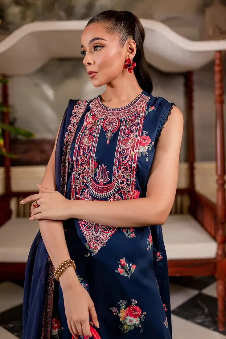 Navy Blue Embroidered Printed Cambric 3-Piece Winter Collection - image 4