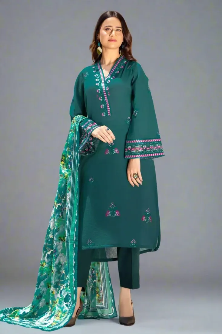 Dark Green Embroidered Slub Cambric 3-Piece Winter Collection - image 1