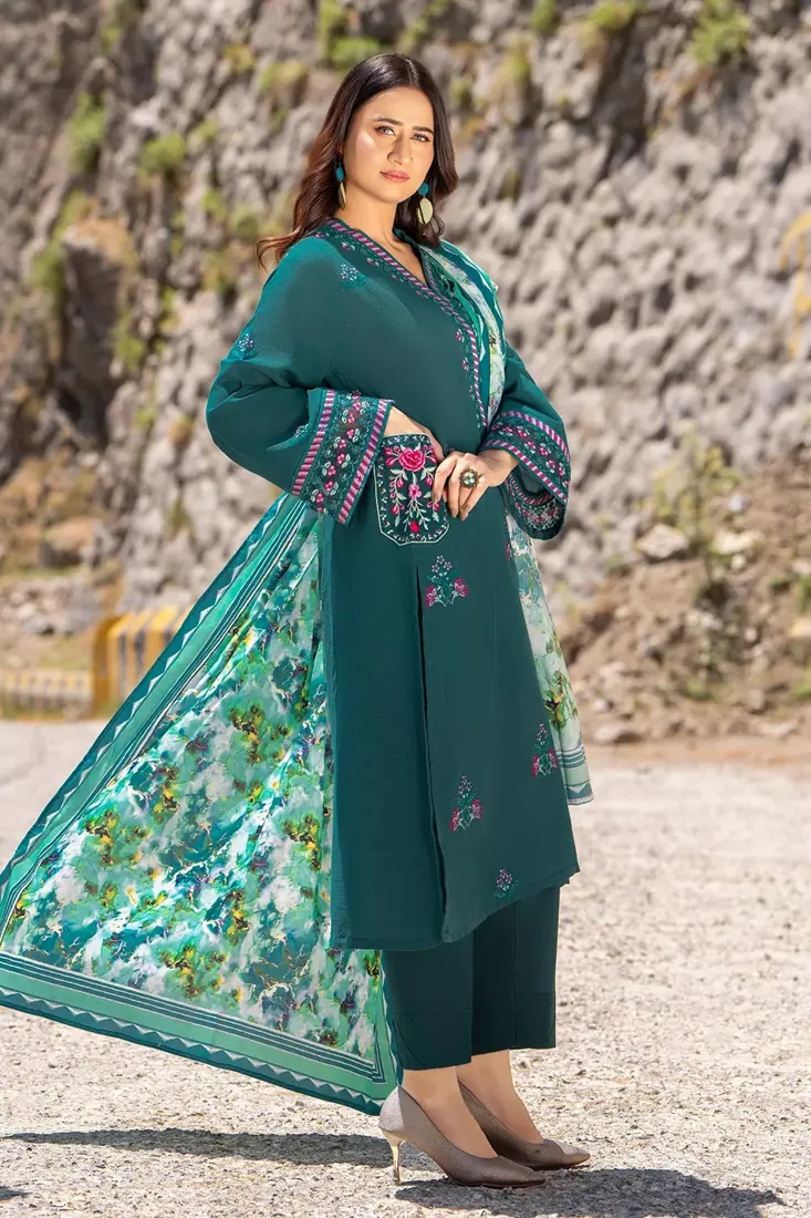 Dark Green Embroidered Slub Cambric 3-Piece Winter Collection - image 2
