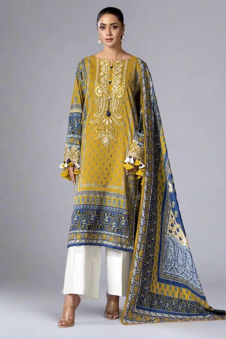 Mustard Yellow Embroidered Printed Cambric 3-Piece Winter Collection - image 1