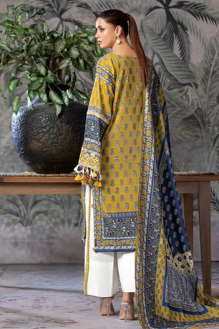 Mustard Yellow Embroidered Printed Cambric 3-Piece Winter Collection - image 2