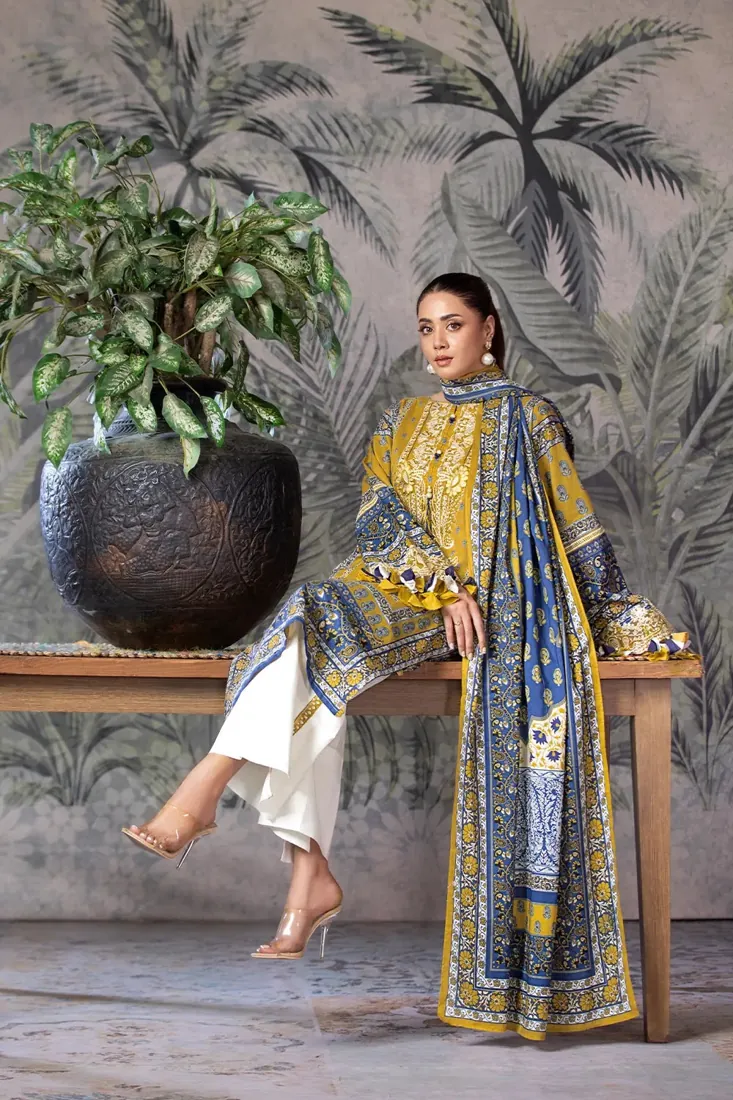 Mustard Yellow Embroidered Printed Cambric 3-Piece Winter Collection - image 3