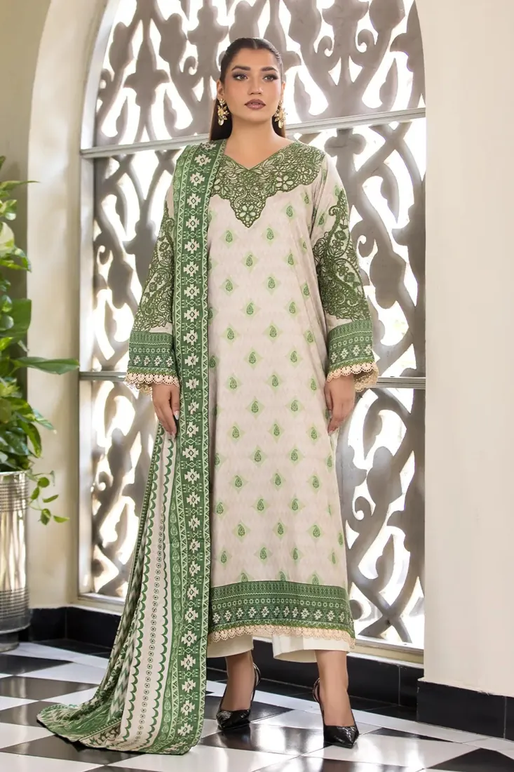 Beige Embroidered Printed Linen 3-Piece Winter Collection - image 1
