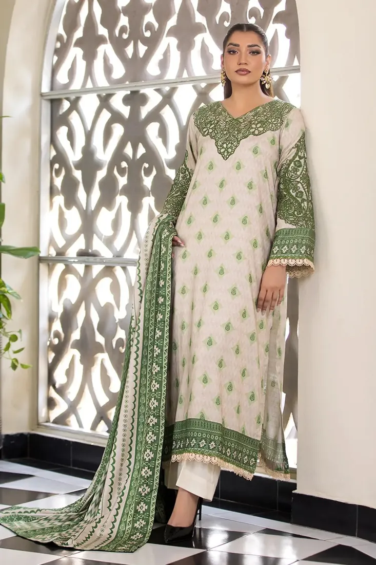 Beige Embroidered Printed Linen 3-Piece Winter Collection - image 2