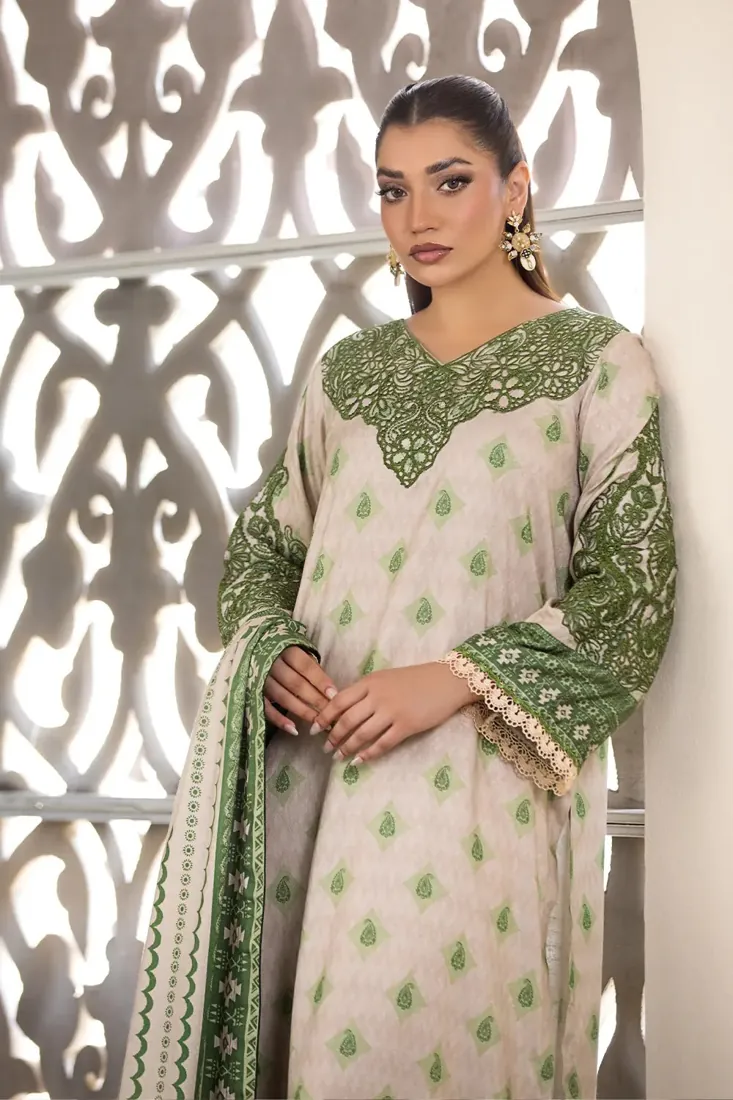Beige Embroidered Printed Linen 3-Piece Winter Collection - image 4