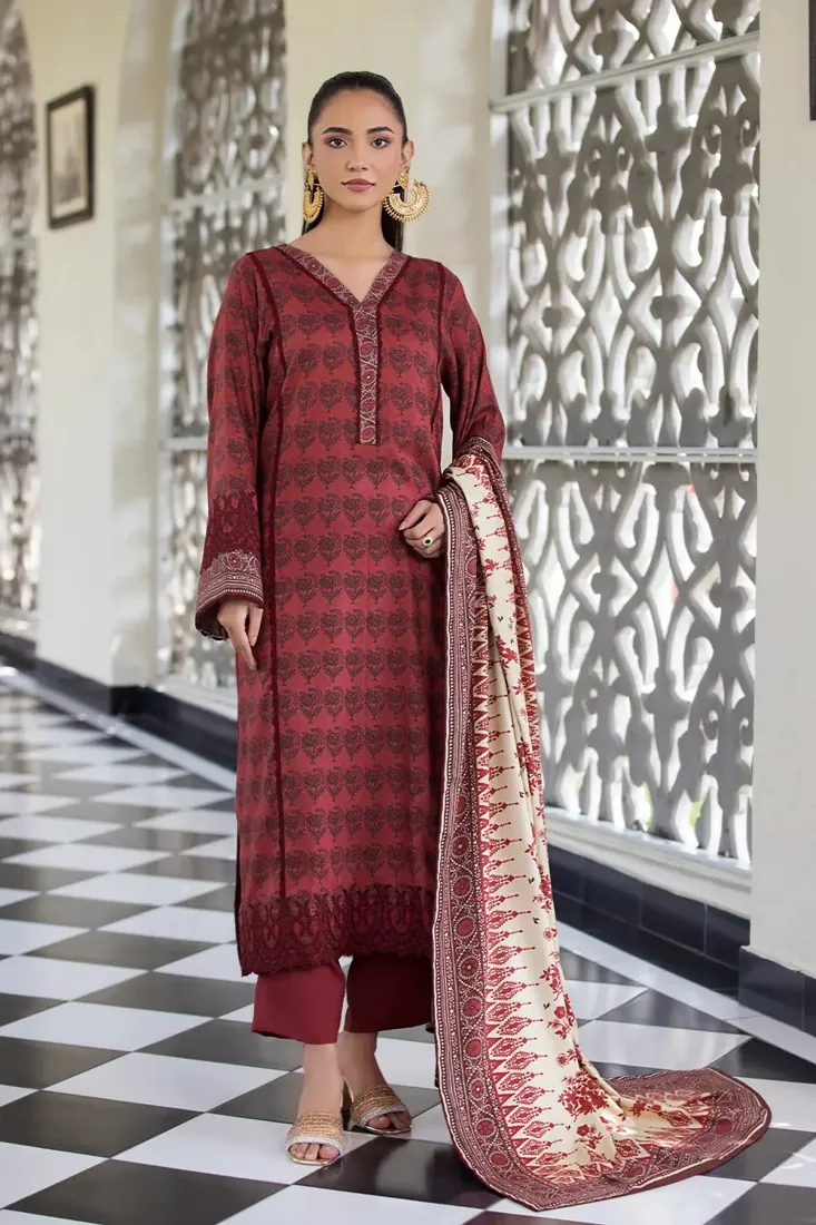 Maroon Embroidered Printed Linen 3-Piece Winter Collection - image 1