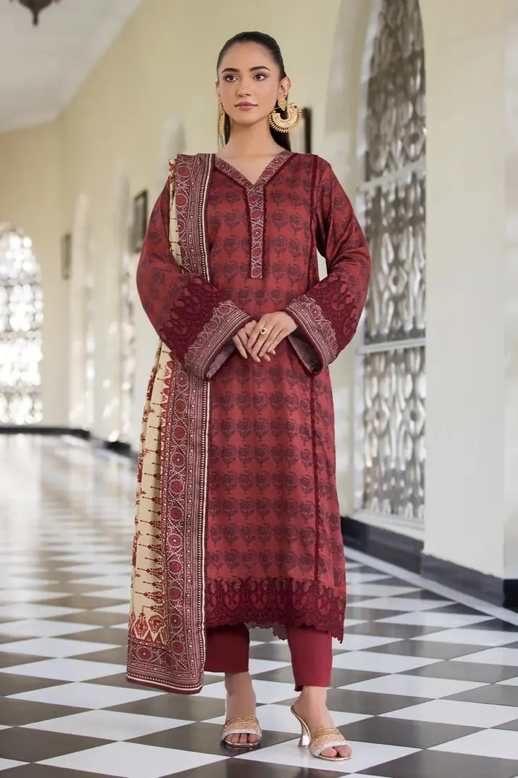 Maroon Embroidered Printed Linen 3-Piece Winter Collection - image 3