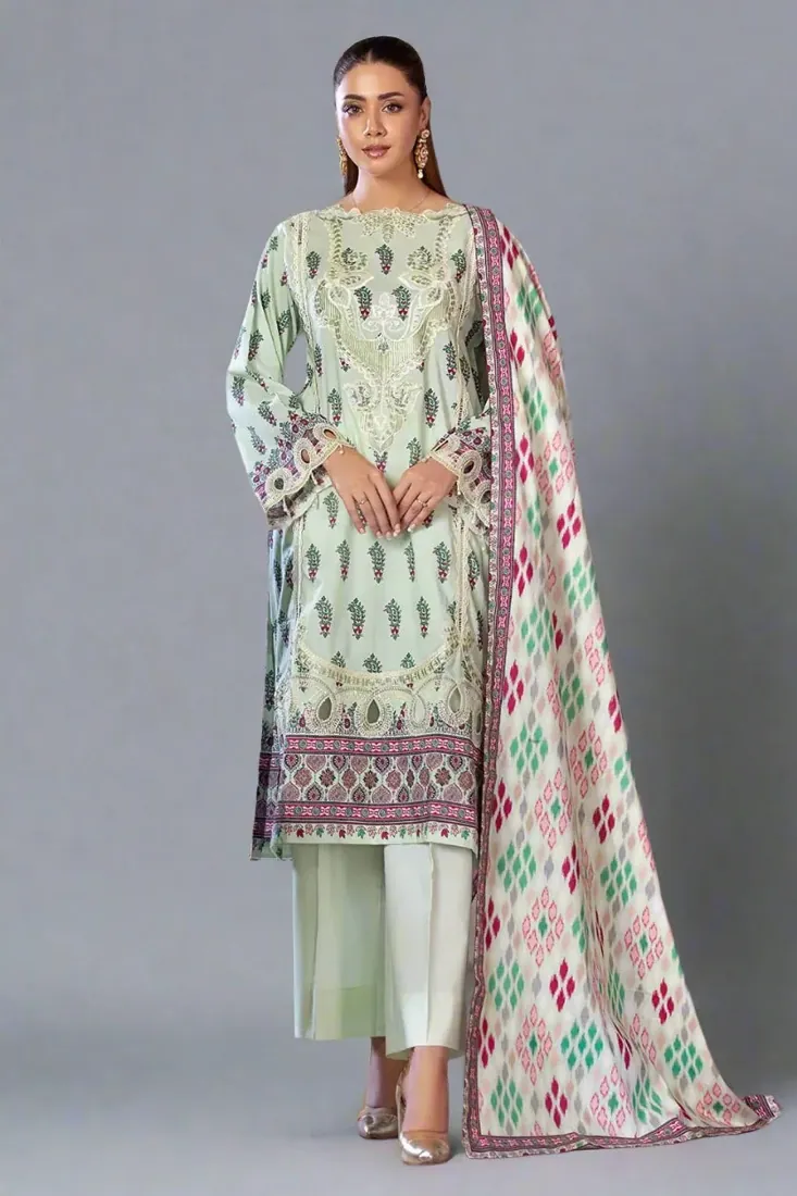 Pistachio Embroidered Printed Cambric 3-Piece Winter Collection - image 1
