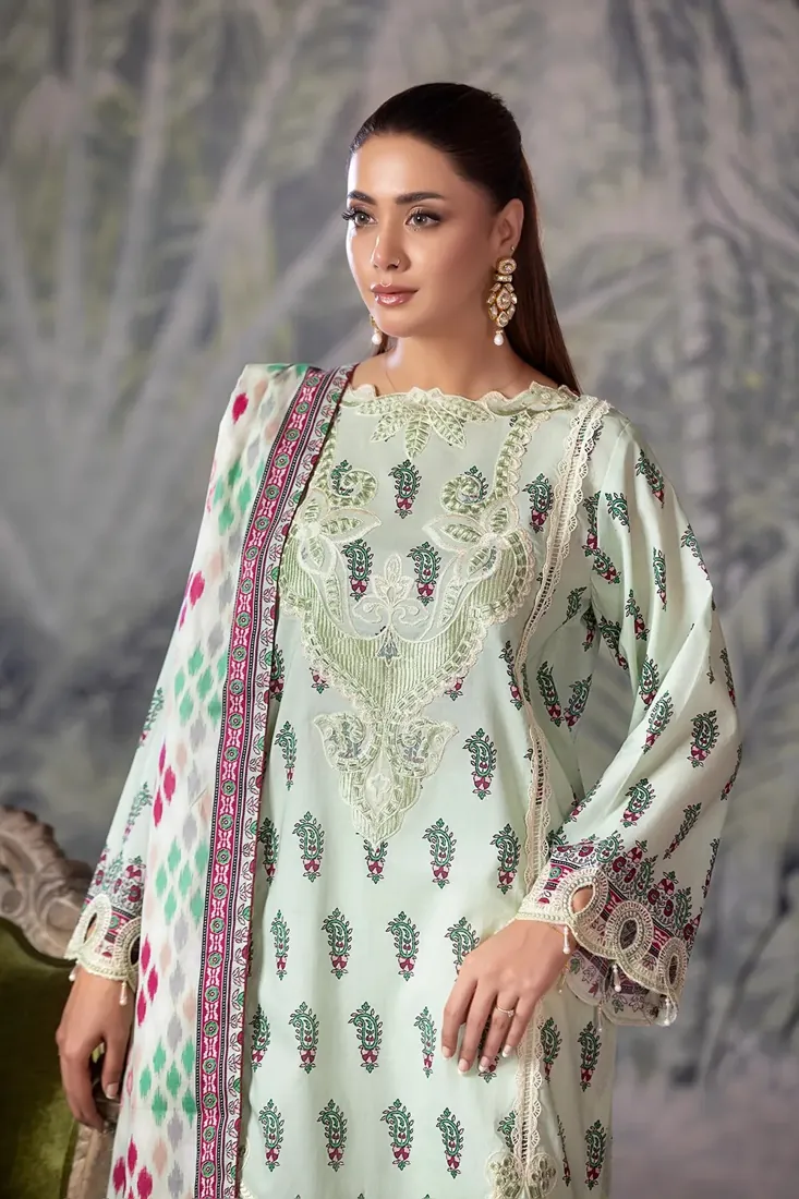 Pistachio Embroidered Printed Cambric 3-Piece Winter Collection - image 3