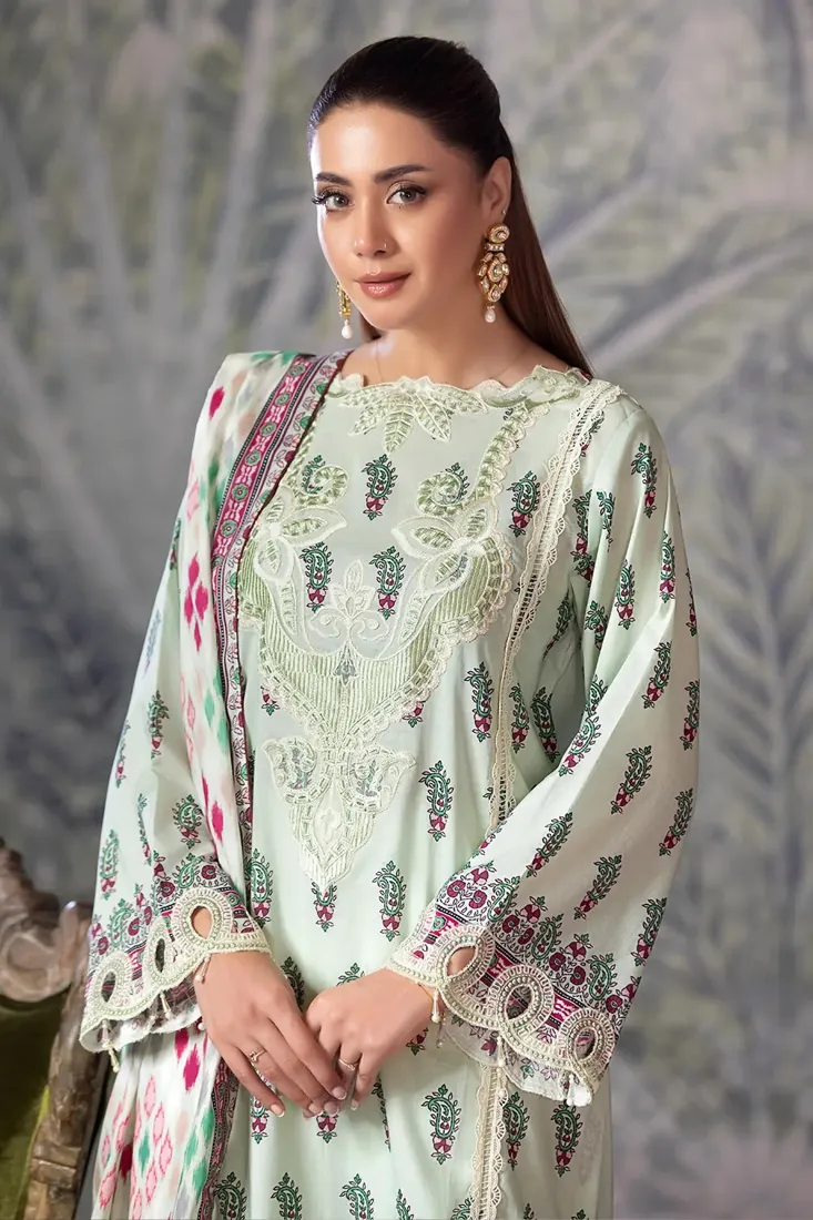 Pistachio Embroidered Printed Cambric 3-Piece Winter Collection - image 4