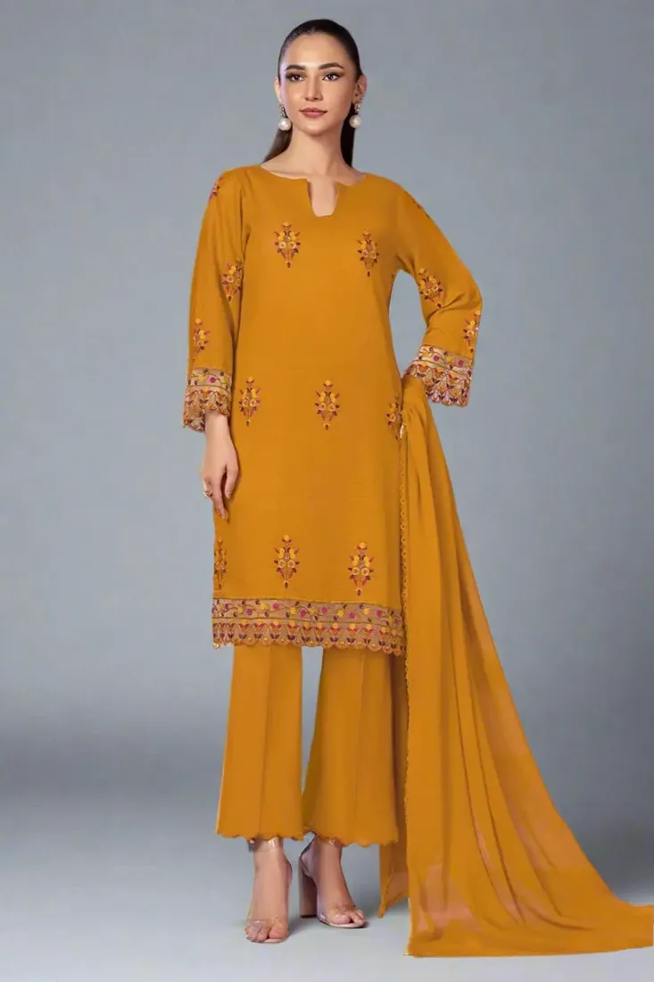 Mustard Yellow Embroidered Dobby Cambric 3-Piece Winter Collection - image 1