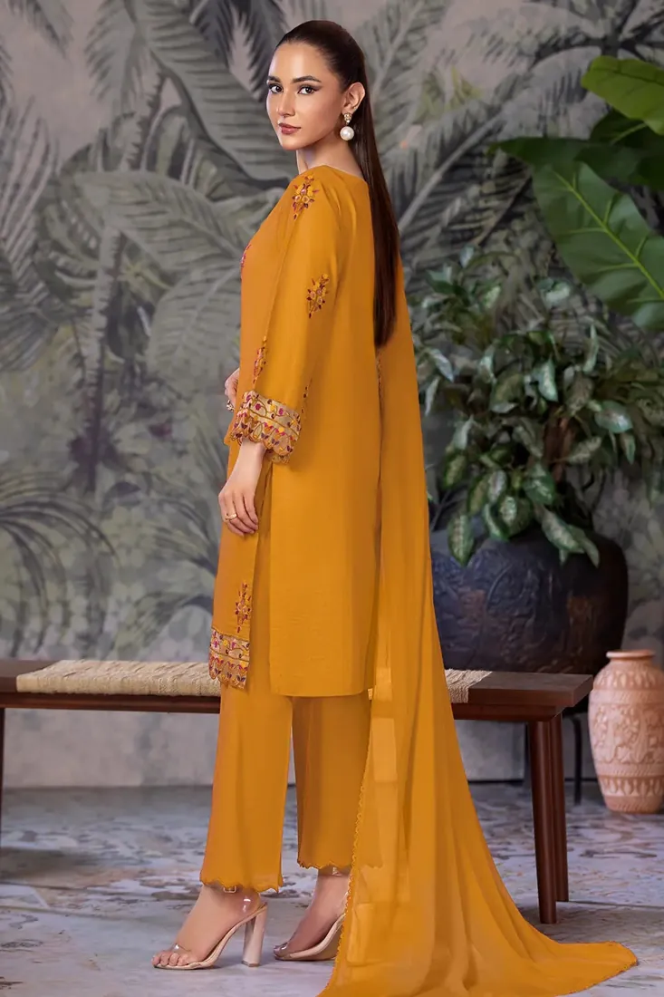 Mustard Yellow Embroidered Dobby Cambric 3-Piece Winter Collection - image 2