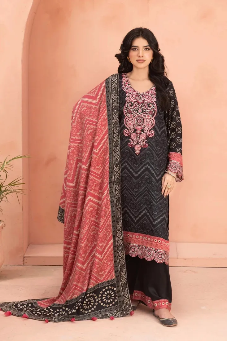 Black Embroidered Printed Linen 3-Piece Winter Collection - image 1