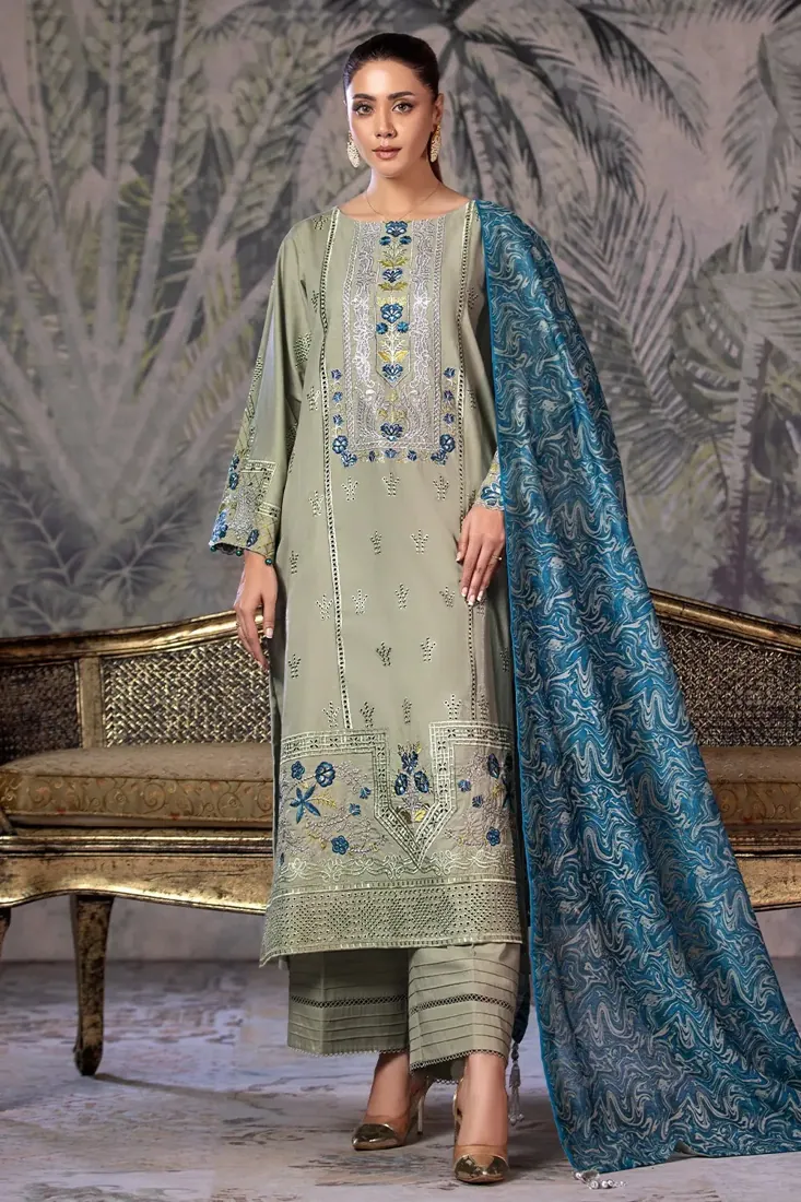 Tea Green Embroidered Cambric 3-Piece Winter Collection - image 1