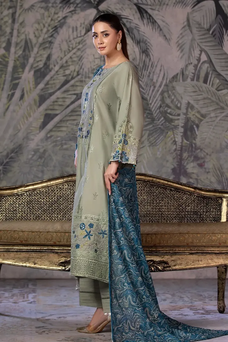 Tea Green Embroidered Cambric 3-Piece Winter Collection - image 2