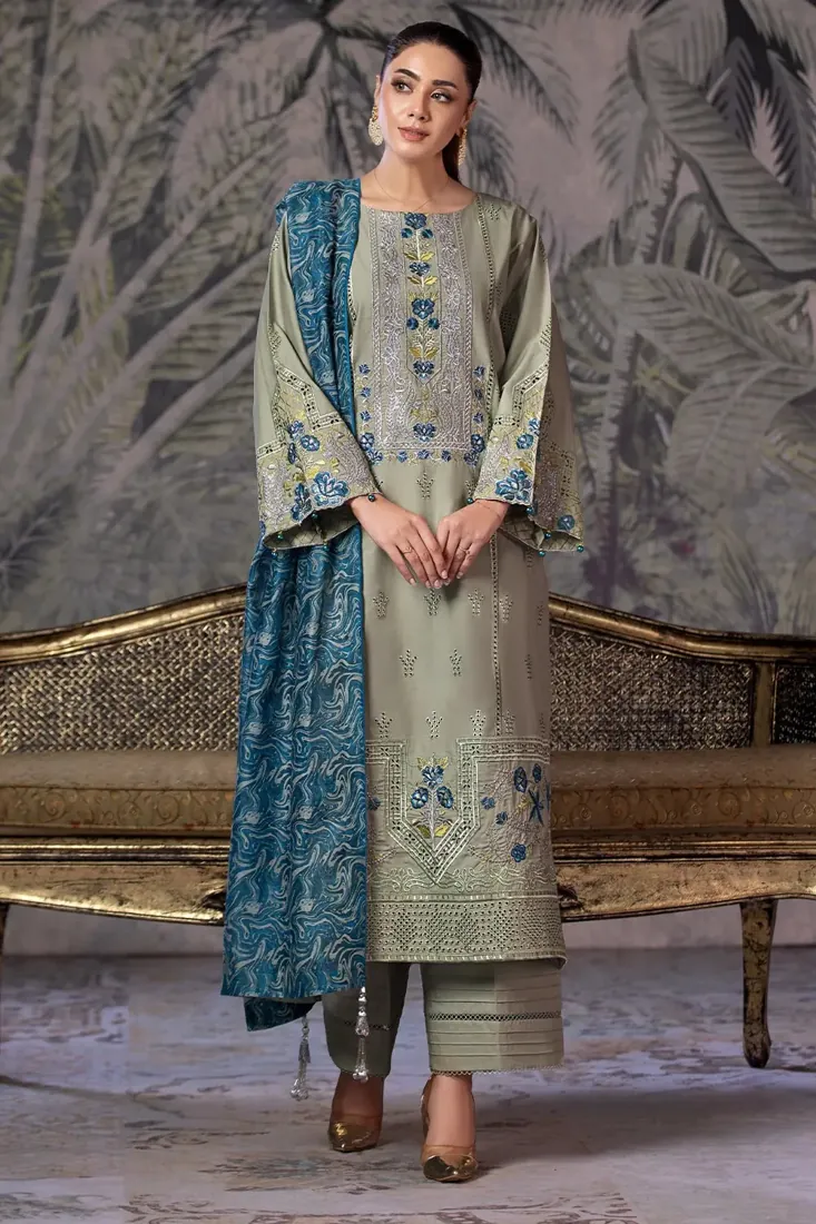 Tea Green Embroidered Cambric 3-Piece Winter Collection - image 3