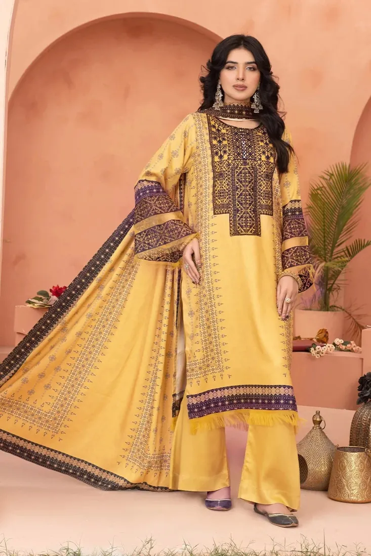 Yellow Embroidered Printed Linen 3-Piece Winter Collection - image 1