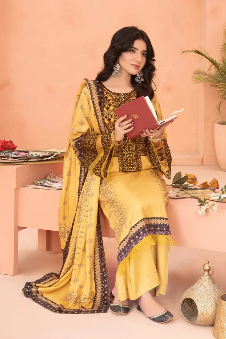 Yellow Embroidered Printed Linen 3-Piece Winter Collection - image 3