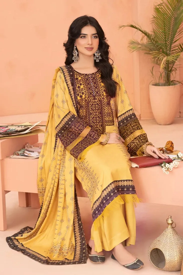 Yellow Embroidered Printed Linen 3-Piece Winter Collection - image 4