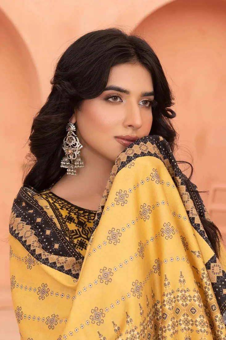 Yellow Embroidered Printed Linen 3-Piece Winter Collection - image 5