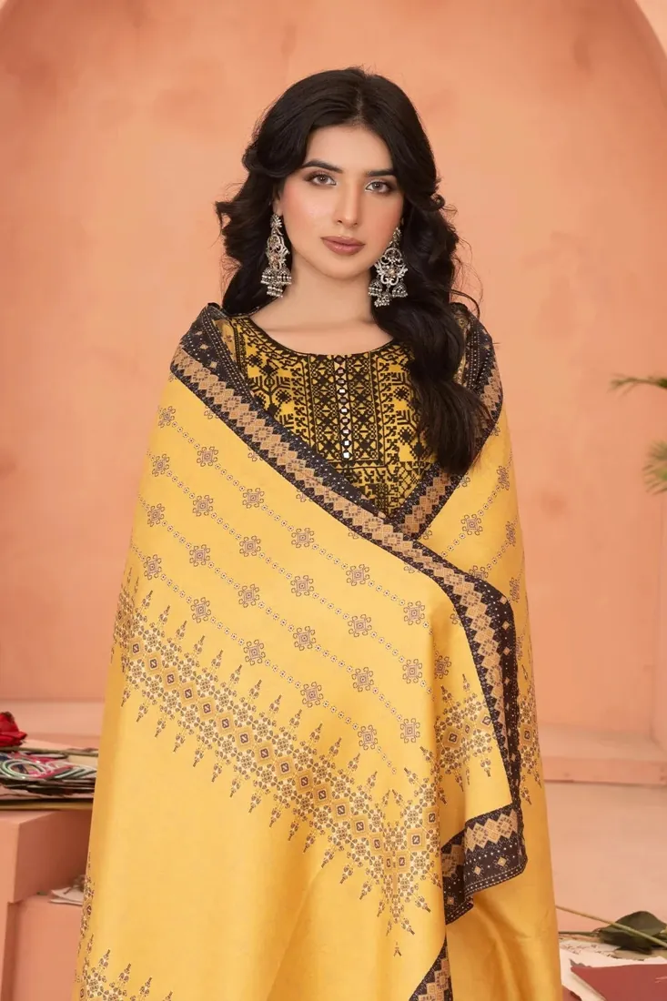Yellow Embroidered Printed Linen 3-Piece Winter Collection - image 6