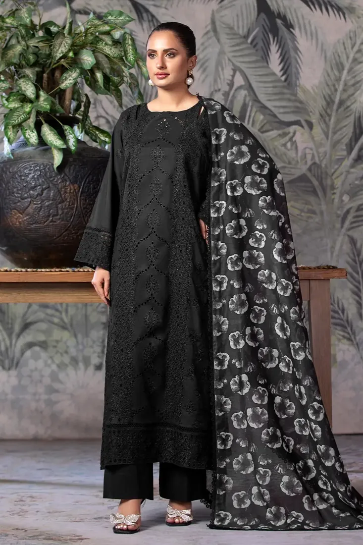 Black Embroidered Schiffli Cambric 3-Piece Winter Collection - image 1