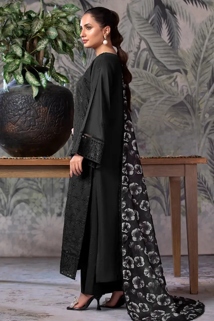 Black Embroidered Schiffli Cambric 3-Piece Winter Collection - image 2