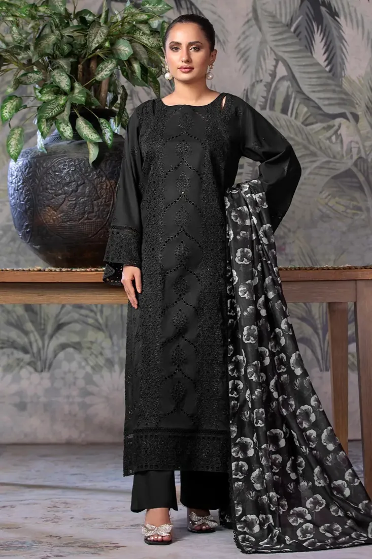 Black Embroidered Schiffli Cambric 3-Piece Winter Collection - image 3