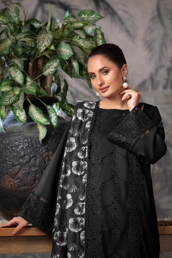 Black Embroidered Schiffli Cambric 3-Piece Winter Collection - image 4