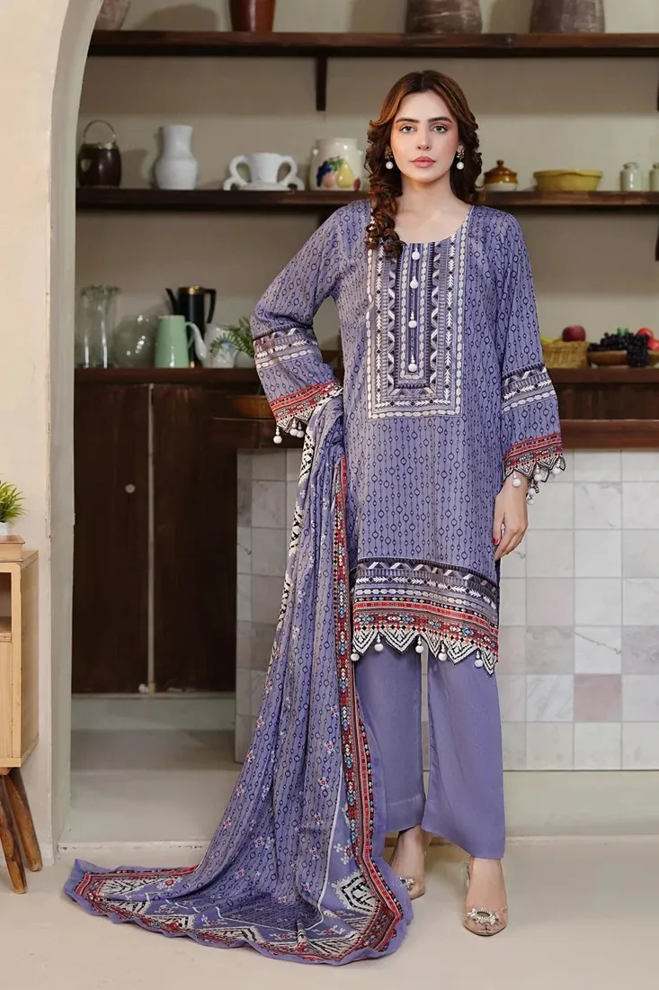 Lavender Embroidered Printed Linen 3-Piece Winter Collection - image 1