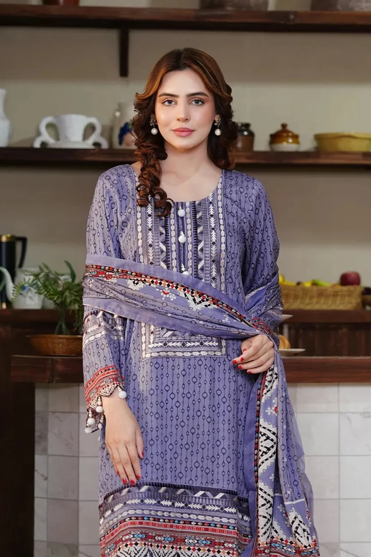 Lavender Embroidered Printed Linen 3-Piece Winter Collection - image 3
