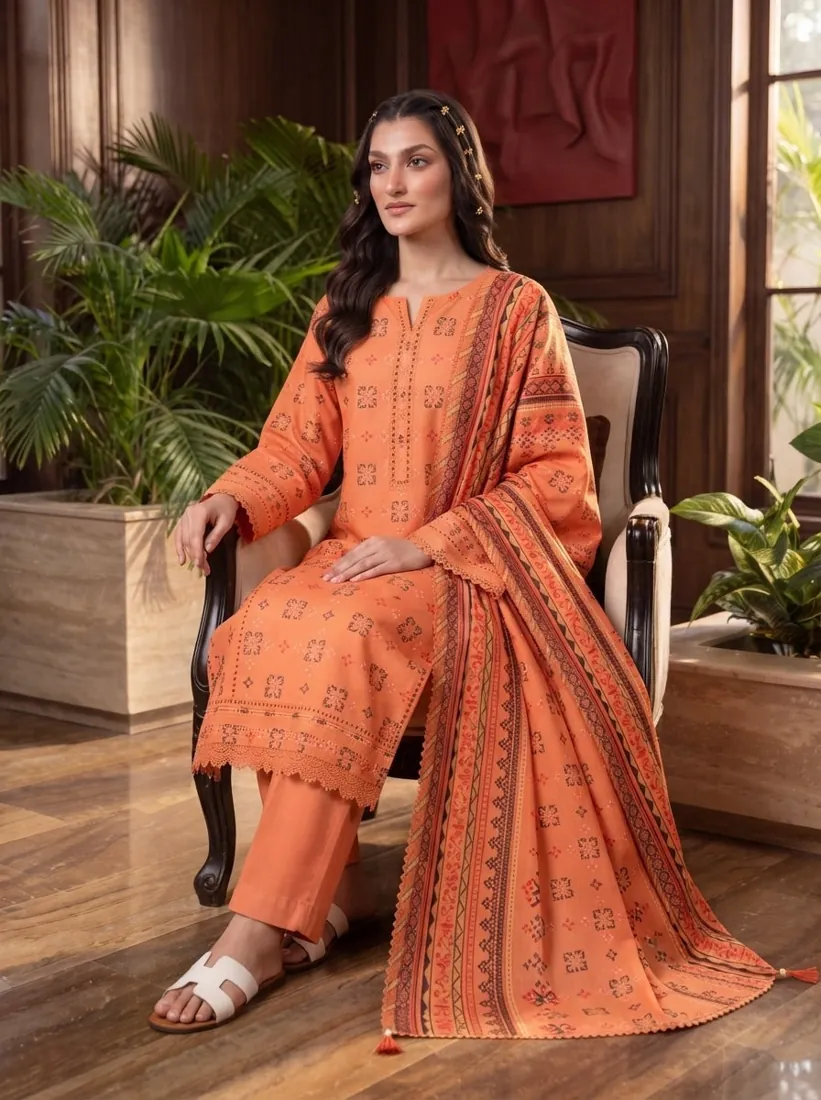 Orange Printed Leather Linen 3-Piece Winter Collection - image 1