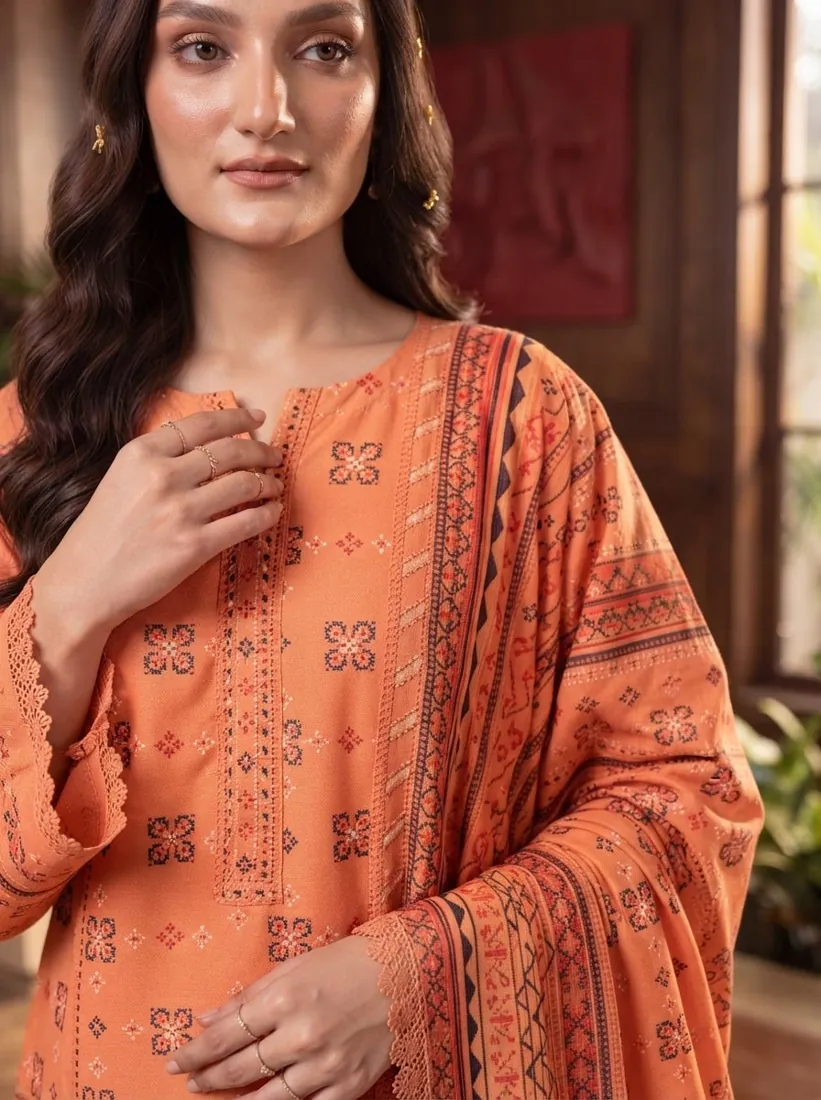 Orange Printed Leather Linen 3-Piece Winter Collection - image 2