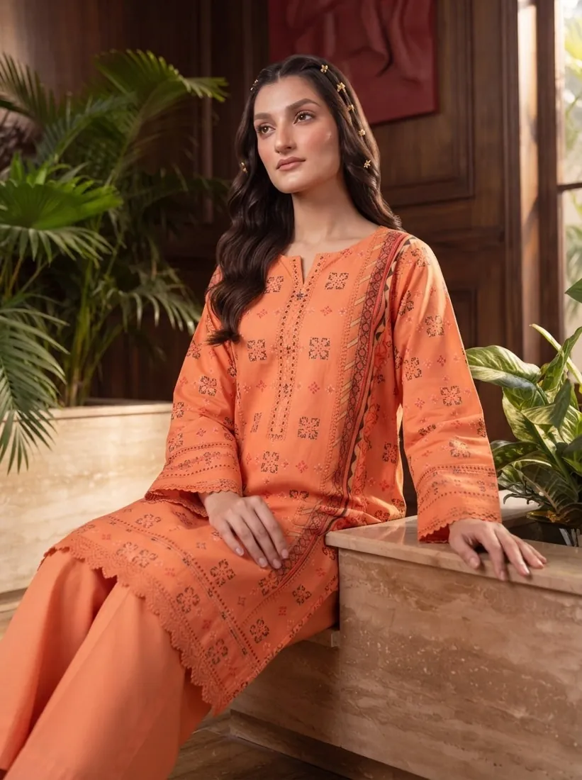 Orange Printed Leather Linen 3-Piece Winter Collection - image 3