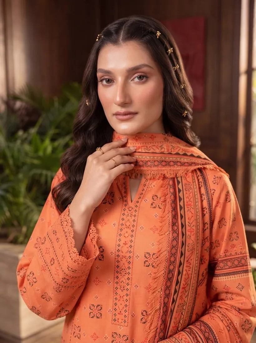 Orange Printed Leather Linen 3-Piece Winter Collection - image 4