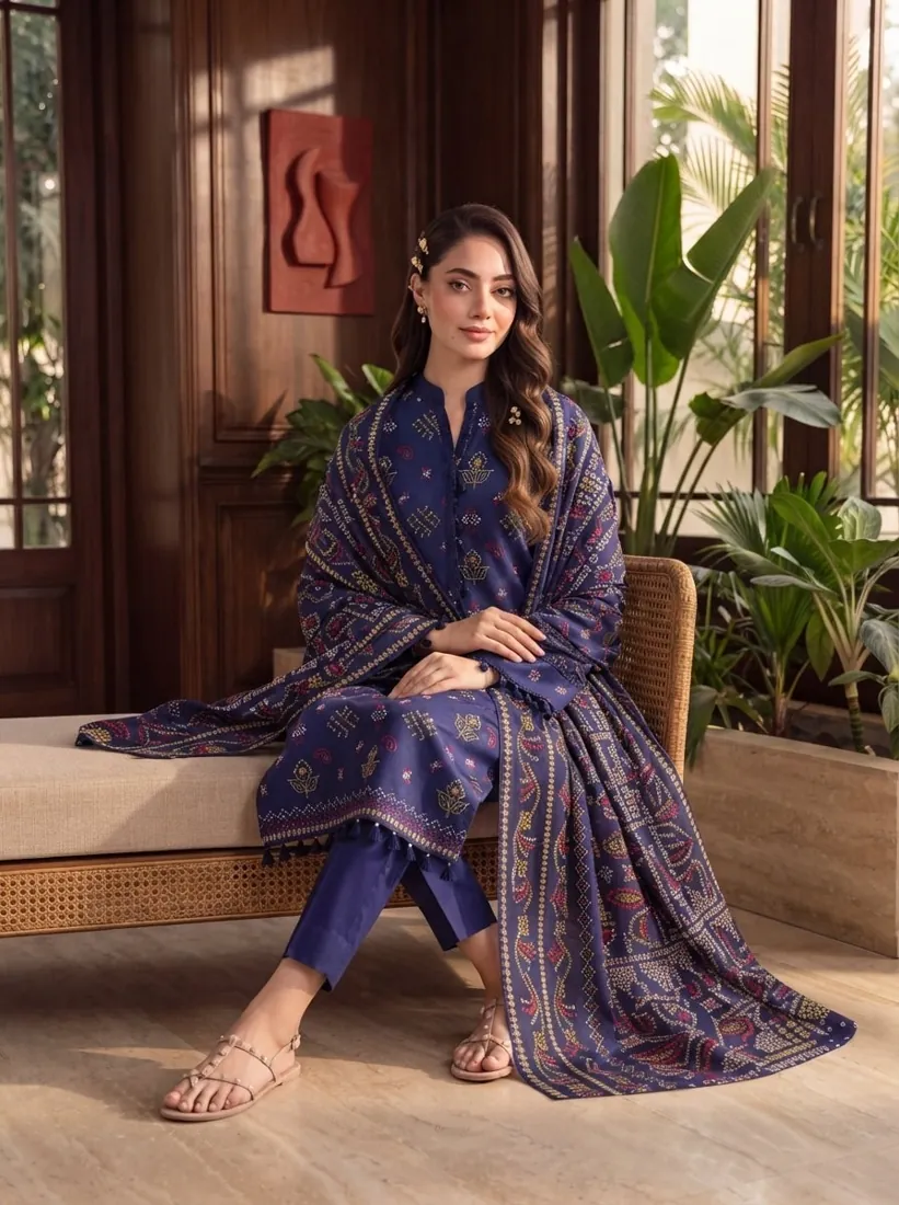 Indigo Printed Leather Linen 3-Piece Winter Collection - image 1