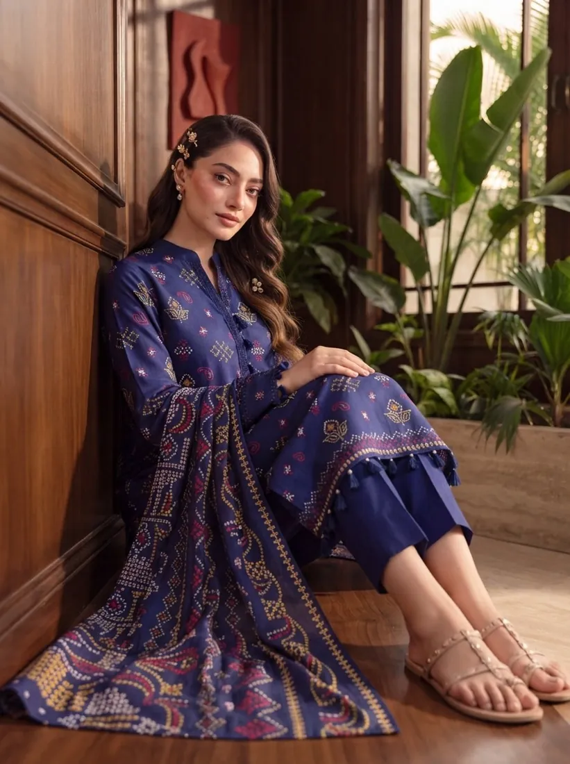 Indigo Printed Leather Linen 3-Piece Winter Collection - image 3