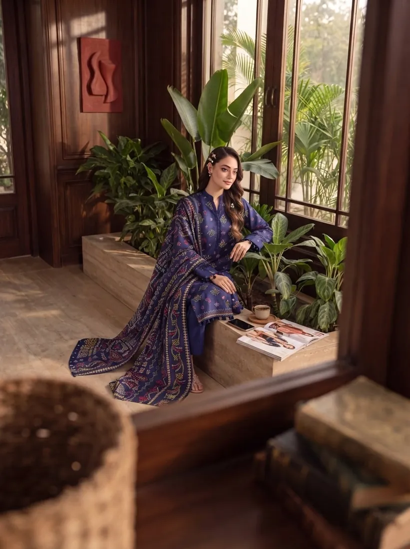 Indigo Printed Leather Linen 3-Piece Winter Collection - image 4