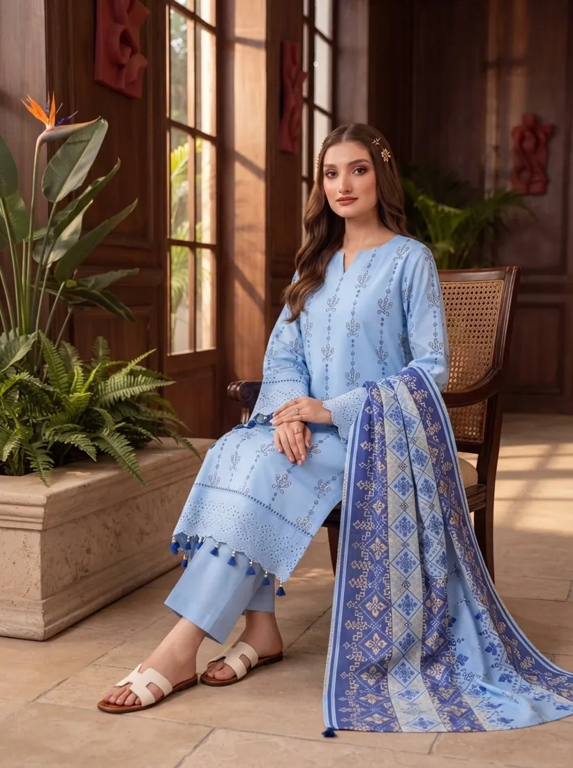 Sky Blue Printed Leather Linen 3-Piece Winter Collection - image 1
