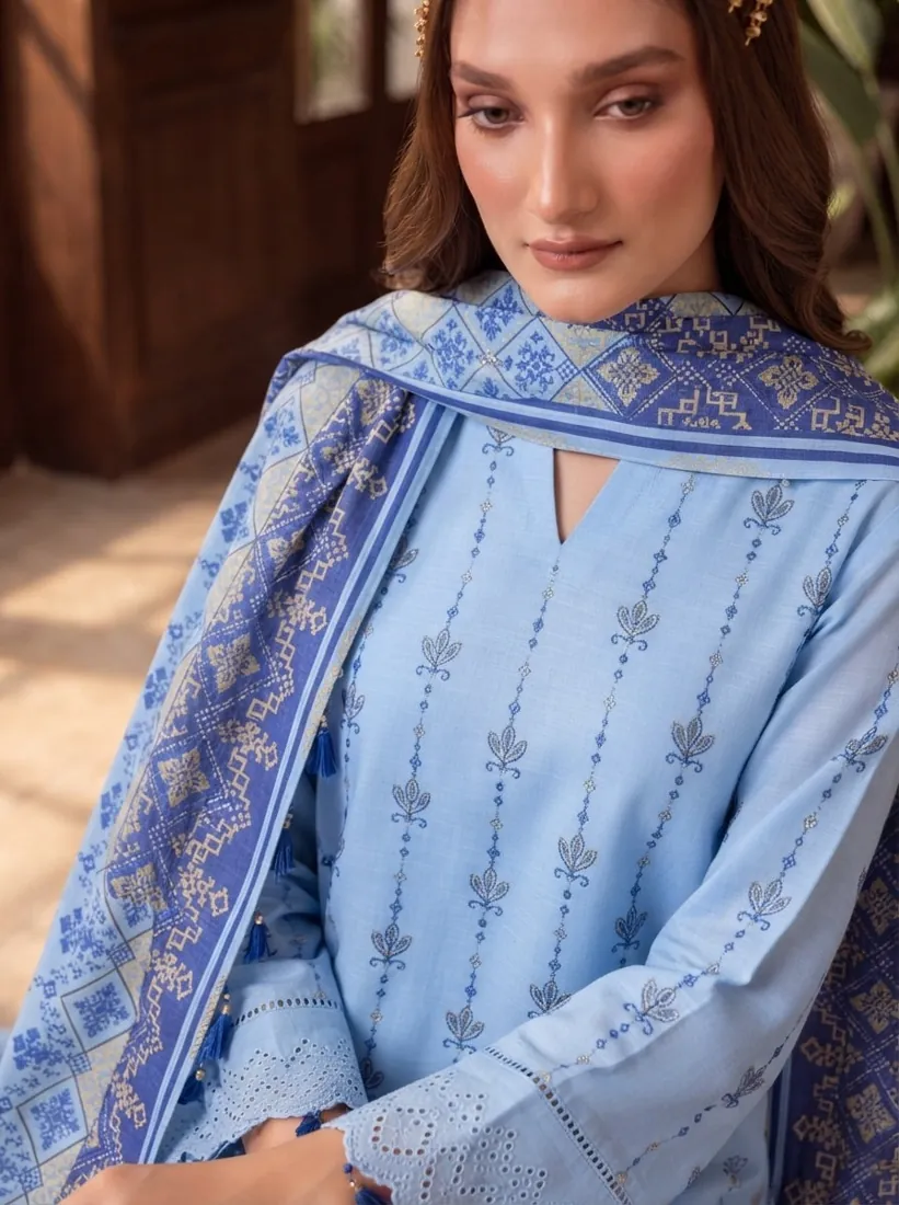 Sky Blue Printed Leather Linen 3-Piece Winter Collection - image 3
