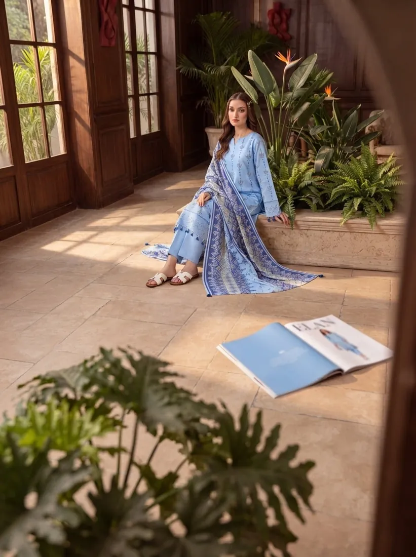 Sky Blue Printed Leather Linen 3-Piece Winter Collection - image 4