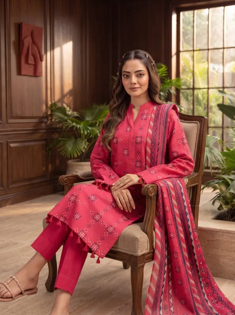 Red Printed Leather Linen 3-Piece Winter Collection - image 1