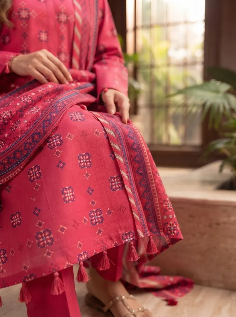 Red Printed Leather Linen 3-Piece Winter Collection - image 3