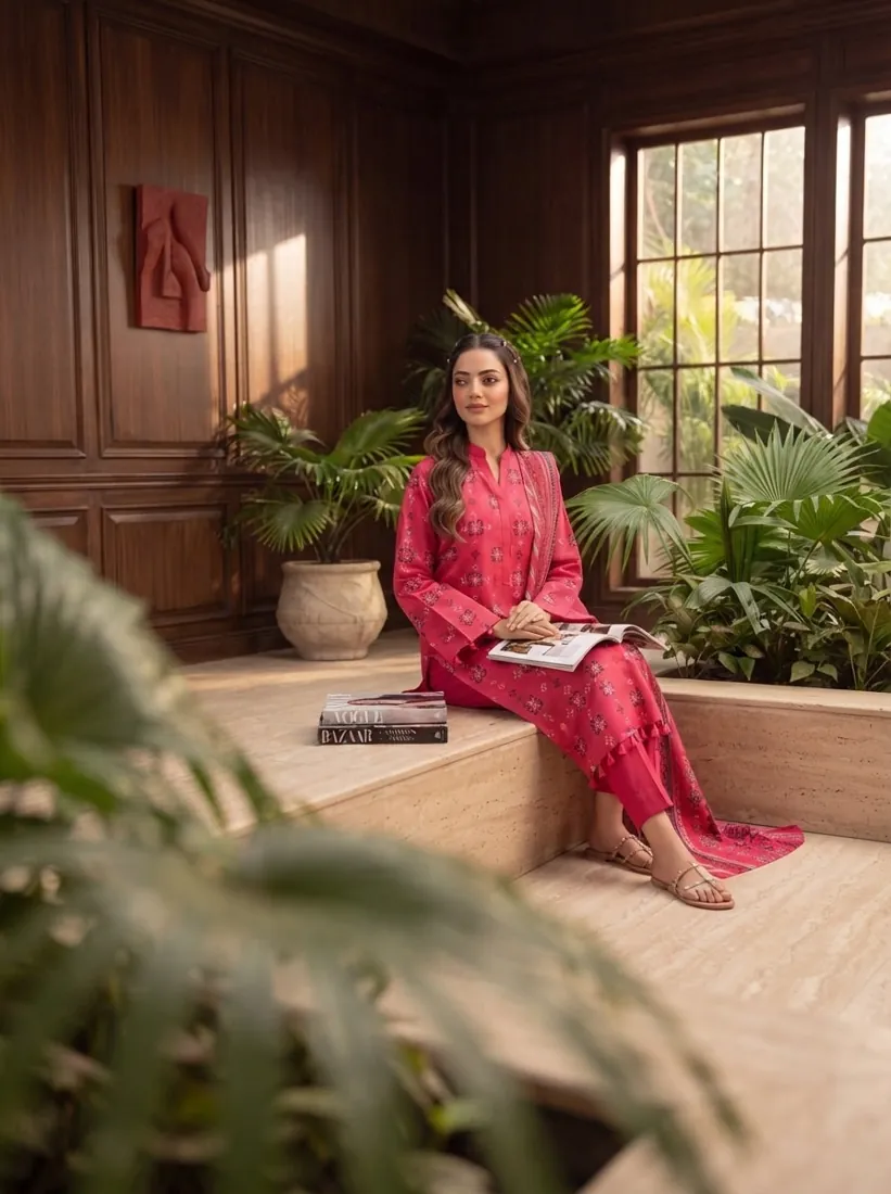 Red Printed Leather Linen 3-Piece Winter Collection - image 4
