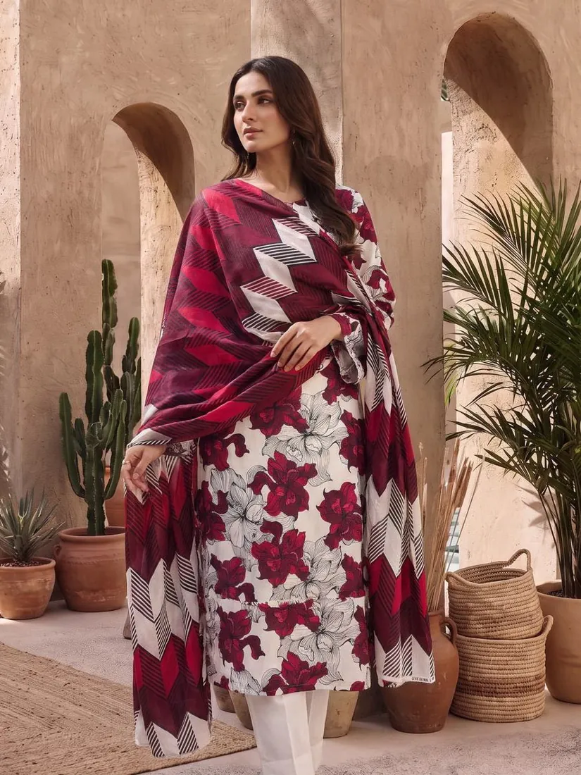 Ivory Printed Linen 3-Piece Winter Collection - image 2