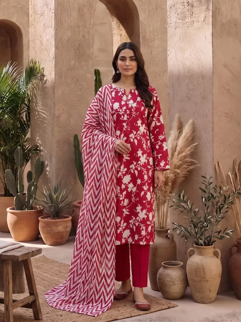 Ivory and Red Printed Linen 3-Piece Winter Collection - image 1