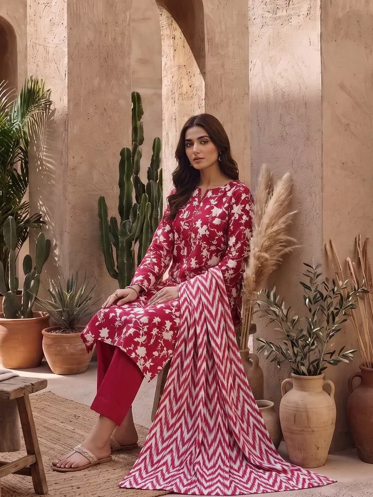 Ivory and Red Printed Linen 3-Piece Winter Collection - image 2